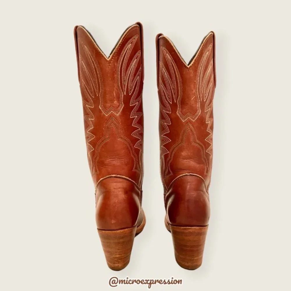 1990s VINTAGE Frye Billy Pull-On Cognac Leather Embroidered Festival Cowboy Boot